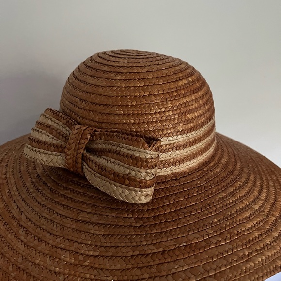Vintage straw wide brim Hat bow two tone sun - Picture 6 of 6